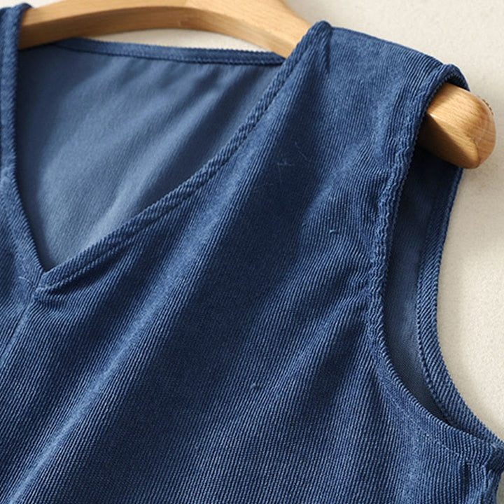 Buddha Stones 春のレトロなダークブルーの無地ノースリーブミディドレス（ポケット付き） - image 4