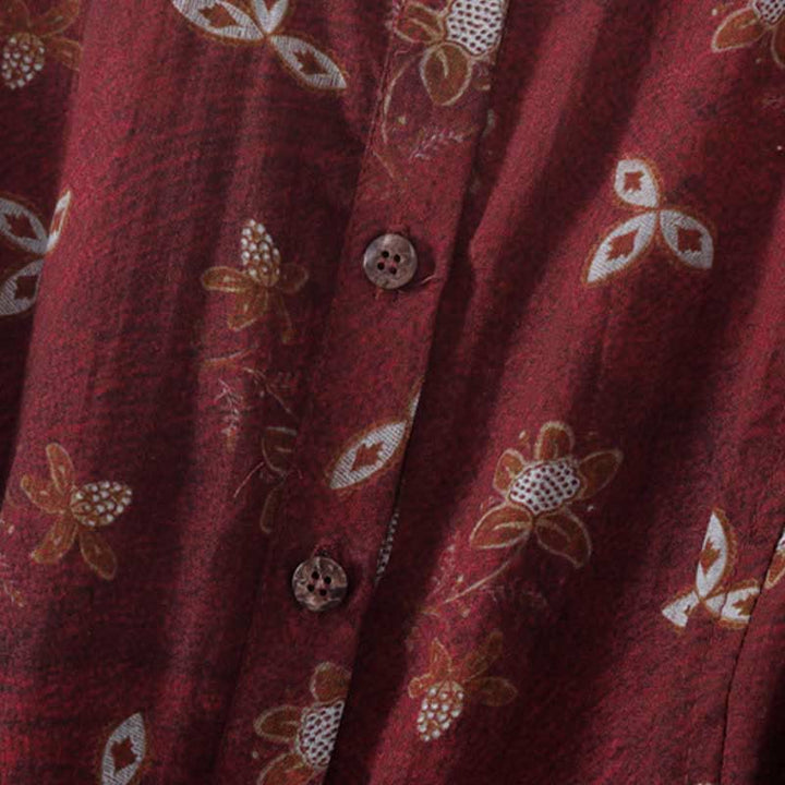 Buddha Stones 夏プリント花柄ボタンレースアップデザイン半袖ミディドレス（ポケット付き） - image 4