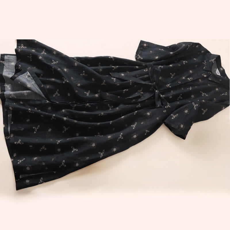 Buddha Stones 夏プリント花柄ボタンレースアップデザイン半袖ミディドレス（ポケット付き） - image 12