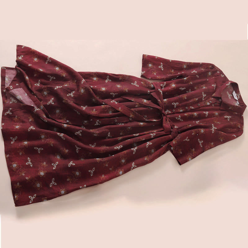 Buddha Stones 夏プリント花柄ボタンレースアップデザイン半袖ミディドレス（ポケット付き） - image 2