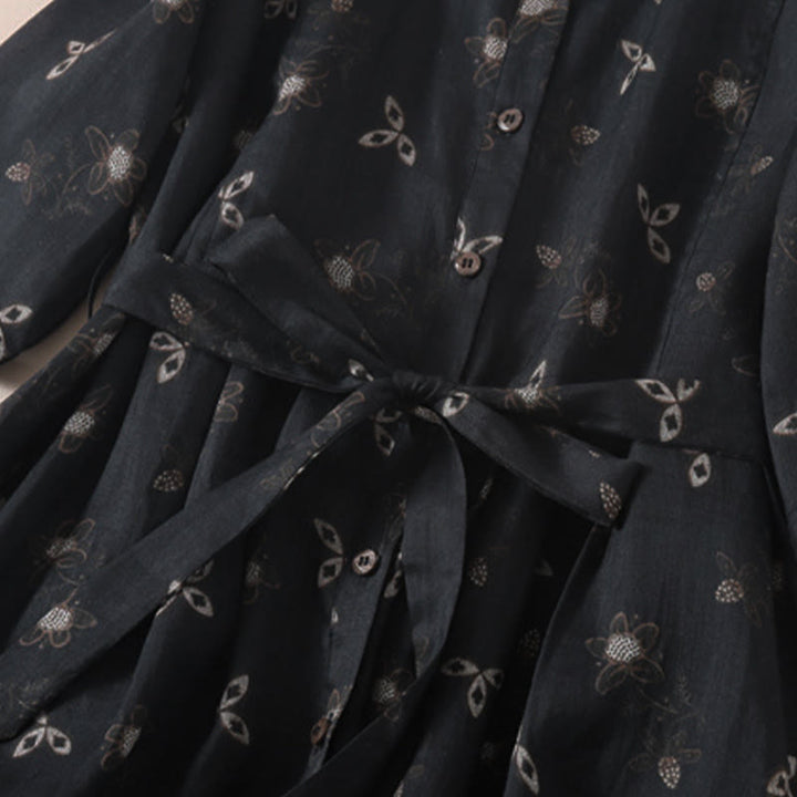 Buddha Stones 夏プリント花柄ボタンレースアップデザイン半袖ミディドレス（ポケット付き） - image 14