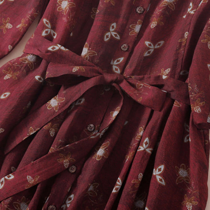 Buddha Stones 夏プリント花柄ボタンレースアップデザイン半袖ミディドレス（ポケット付き） - image 5