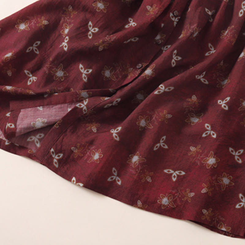 Buddha Stones 夏プリント花柄ボタンレースアップデザイン半袖ミディドレス（ポケット付き） - image 9