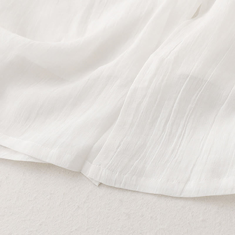 Buddha Stones 通勤用無地刺繍ダブルレイヤークルーネック長袖コットンミディドレス - image 9