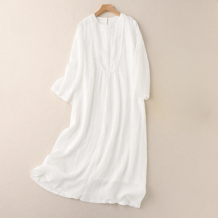 Buddha Stones 通勤用無地刺繍ダブルレイヤークルーネック長袖コットンミディドレス - 白 - US8-10，UK/AU12-14，EU40-42 (2XL) - image 4