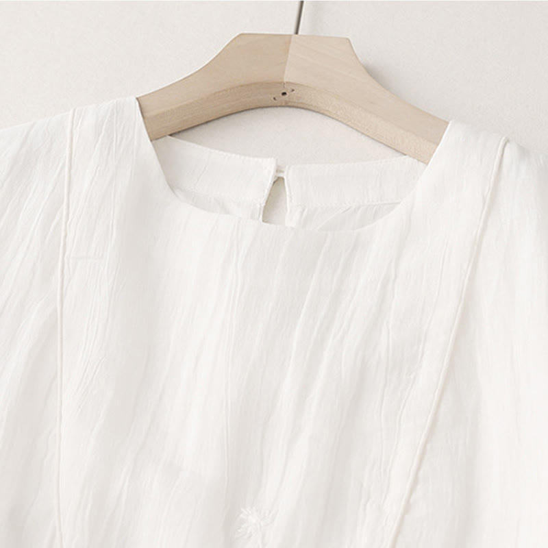 Buddha Stones 通勤用無地刺繍ダブルレイヤークルーネック長袖コットンミディドレス - image 6