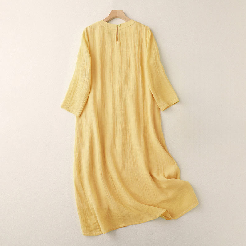 Buddha Stones 通勤用無地刺繍ダブルレイヤークルーネック長袖コットンミディドレス - image 1