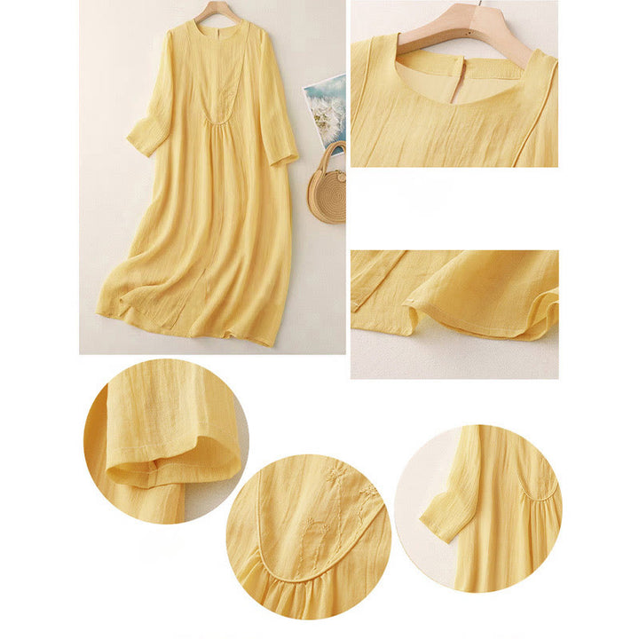 Buddha Stones 通勤用無地刺繍ダブルレイヤークルーネック長袖コットンミディドレス - image 3