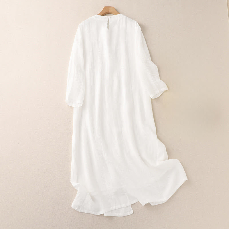 Buddha Stones 通勤用無地刺繍ダブルレイヤークルーネック長袖コットンミディドレス - image 5