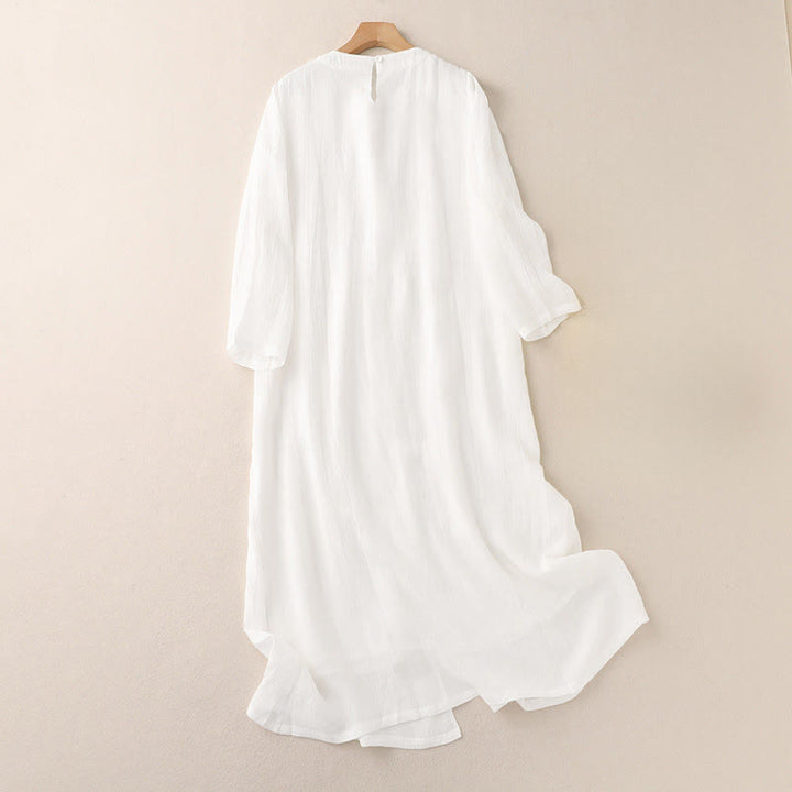 Buddha Stones 通勤用無地刺繍ダブルレイヤークルーネック長袖コットンミディドレス - image 5