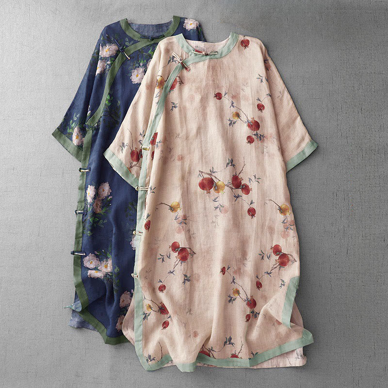 Buddha Stones カエルボタンオーキッドザクロ花柄サイドスリットデザインハーフスリーブミディドレス - image 0