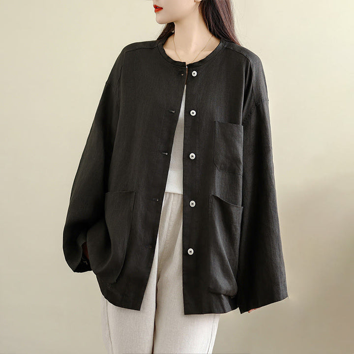 Buddha Stones 春のクルーネック長袖無地レディースコットンボタンシャツポケット付き - 黒 - US8-10，UK/AU12-14，EU40-42 (2XL) - image 0