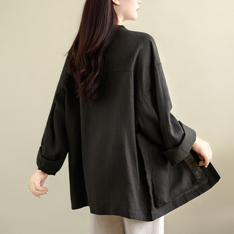 Buddha Stones 春のクルーネック長袖無地レディースコットンボタンシャツポケット付き - image 6