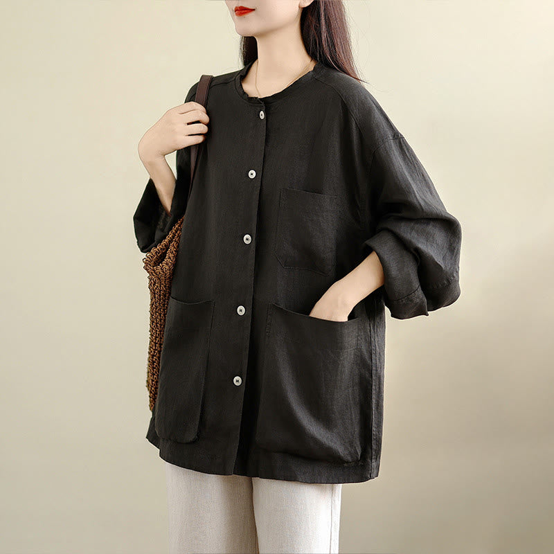 Buddha Stones 春のクルーネック長袖無地レディースコットンボタンシャツポケット付き - image 5