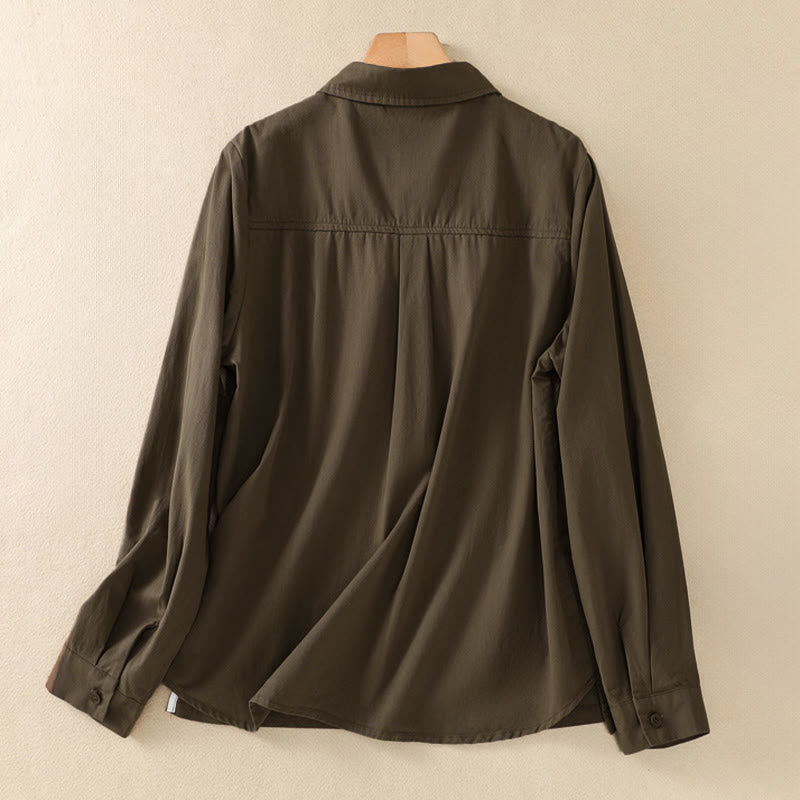 Buddha Stones 春のラペル長袖無地レディースコットンボタンシャツ（ポケット付き） - image 1