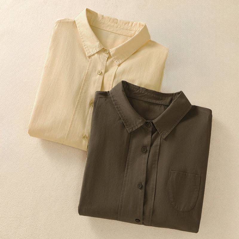 Buddha Stones 春のラペル長袖無地レディースコットンボタンシャツ（ポケット付き） - image 19