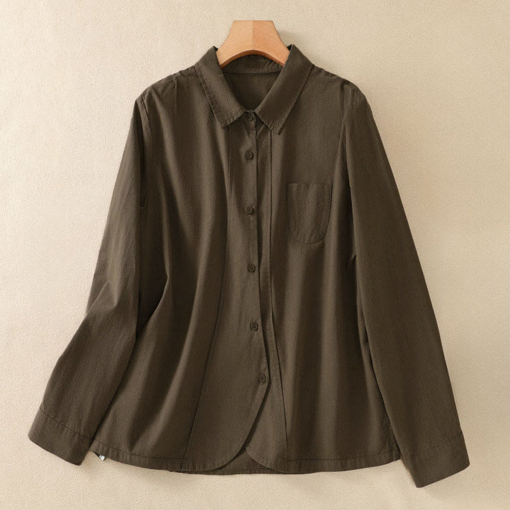 Buddha Stones 春のラペル長袖無地レディースコットンボタンシャツ（ポケット付き） - ダークオリーブグリーン - US8-10，UK/AU12-14，EU40-42 (2XL) - image 0