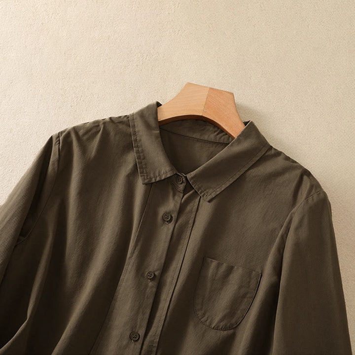 Buddha Stones 春のラペル長袖無地レディースコットンボタンシャツ（ポケット付き） - image 2