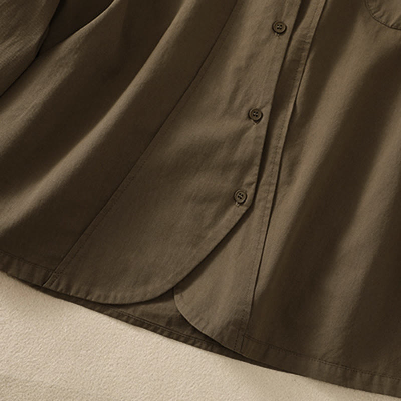 Buddha Stones 春のラペル長袖無地レディースコットンボタンシャツ（ポケット付き） - image 6