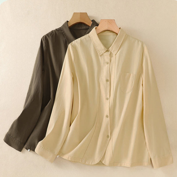 Buddha Stones 春のラペル長袖無地レディースコットンボタンシャツ（ポケット付き） - image 18