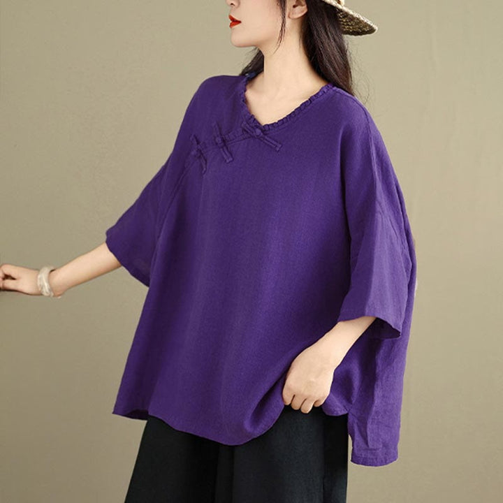 Buddha Stones 春のVネックフロッグボタン長袖無地レディースコットンシャツ - image 15