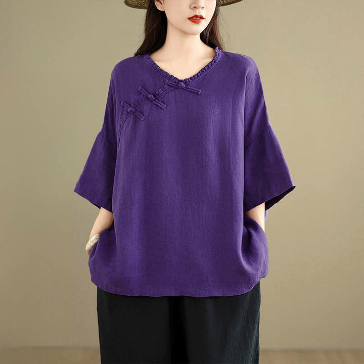 Buddha Stones 春のVネックフロッグボタン長袖無地レディースコットンシャツ - image 13