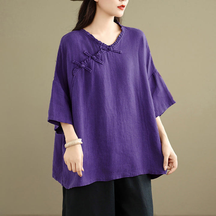 Buddha Stones 春のVネックフロッグボタン長袖無地レディースコットンシャツ - image 14