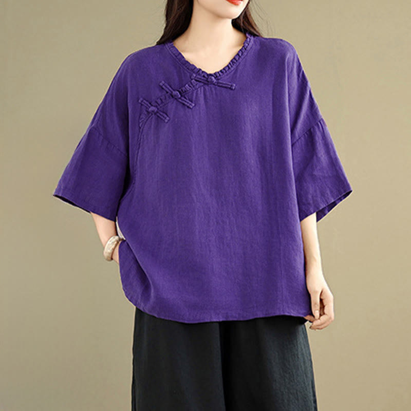 Buddha Stones 春のVネックフロッグボタン長袖無地レディースコットンシャツ - インジゴ - US8-10，UK/AU12-14，EU40-42 (2XL) - image 12