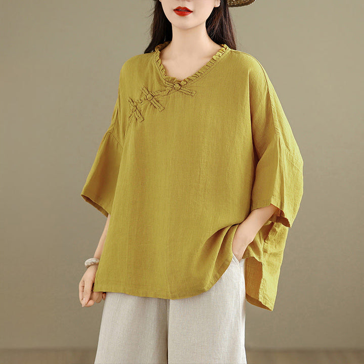 Buddha Stones 春のVネックフロッグボタン長袖無地レディースコットンシャツ - image 10