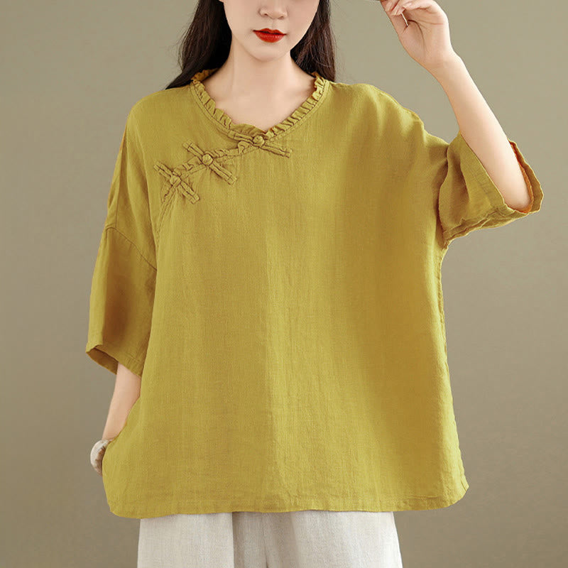 Buddha Stones 春のVネックフロッグボタン長袖無地レディースコットンシャツ - image 7