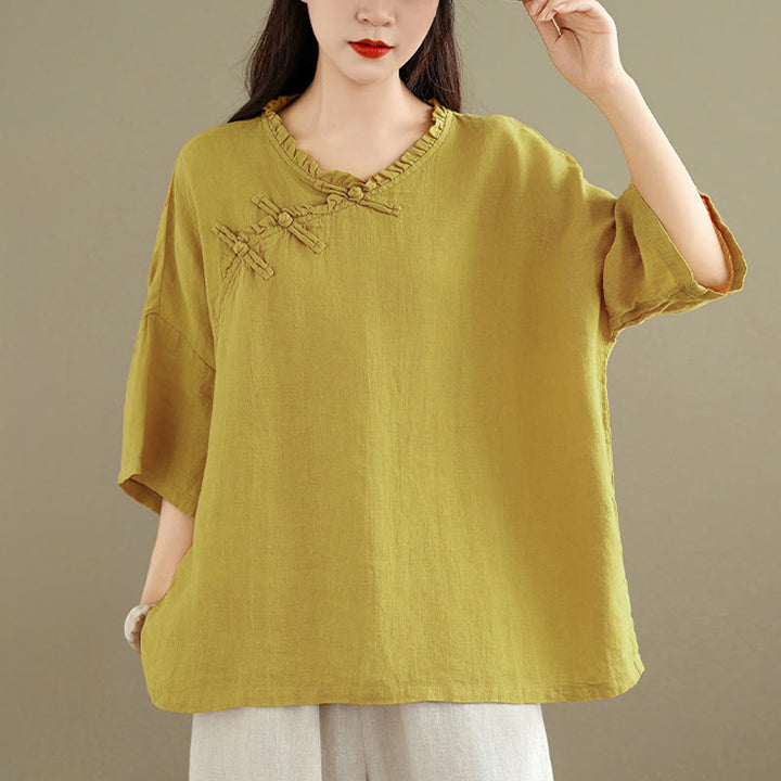 Buddha Stones 春のVネックフロッグボタン長袖無地レディースコットンシャツ - image 7