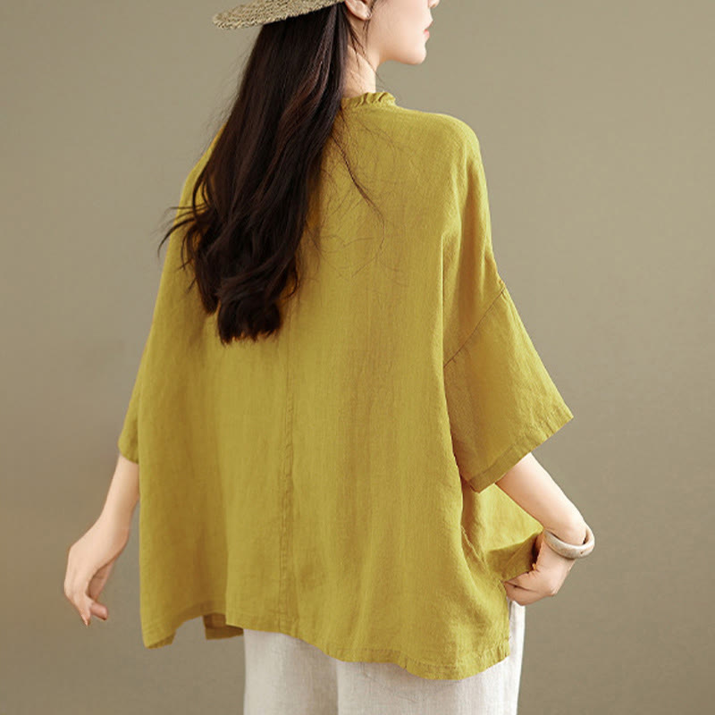 Buddha Stones 春のVネックフロッグボタン長袖無地レディースコットンシャツ - image 11