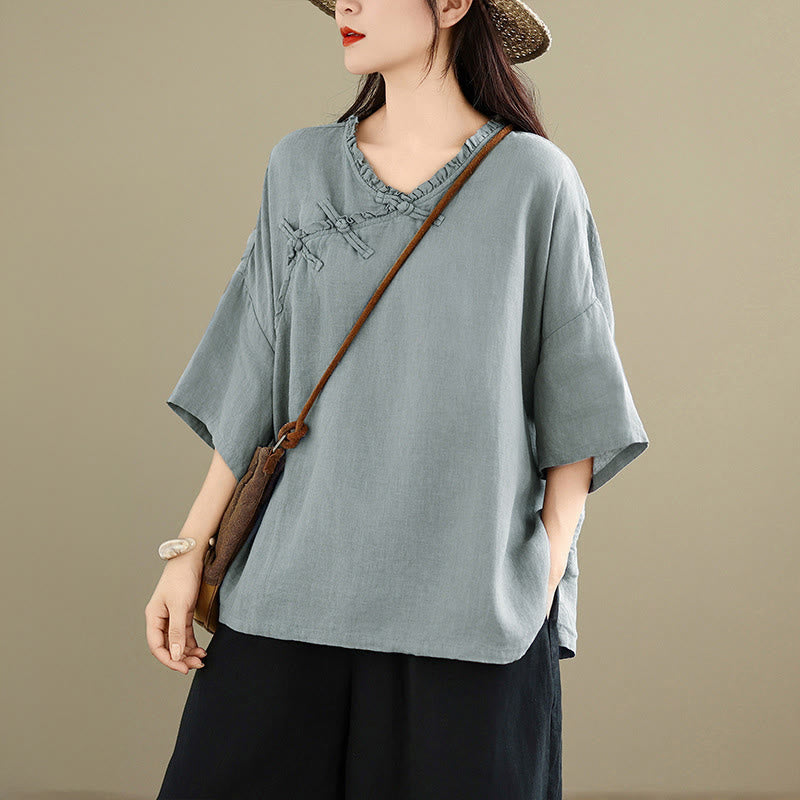 Buddha Stones 春のVネックフロッグボタン長袖無地レディースコットンシャツ - ライトブルー - US8-10，UK/AU12-14，EU40-42 (2XL) - image 0