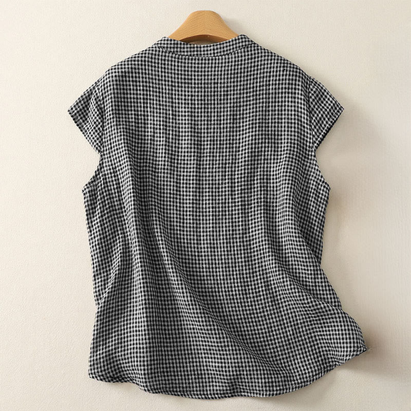 Buddha Stones 夏用クルーネック フロッグボタン 半袖 チェック柄 レディース コットンシャツ - image 1