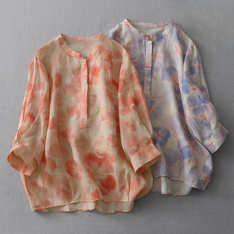 Buddha Stones 春の花柄クルーネック長袖レディースポリエステルシャツ - image 0