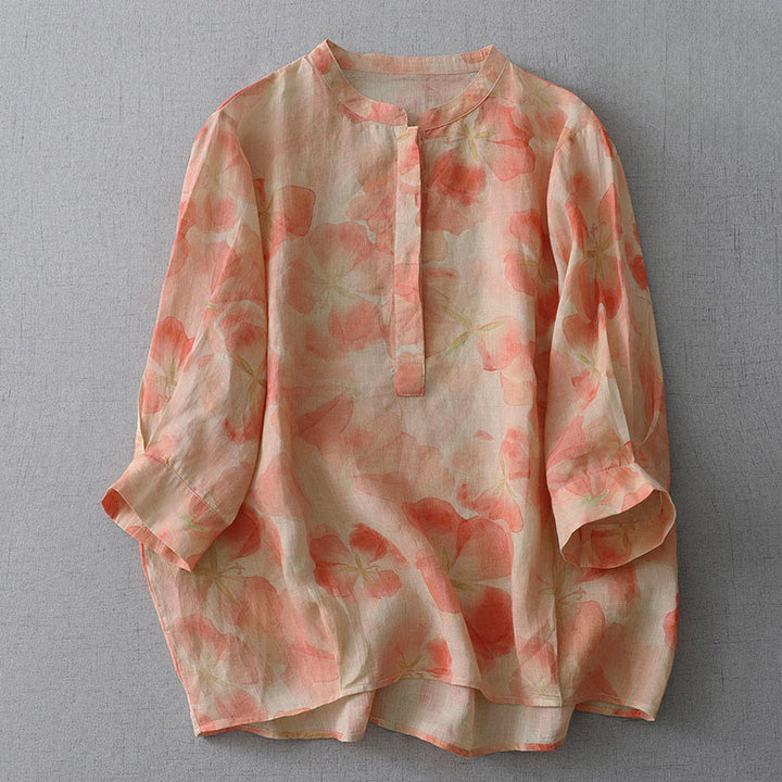 Buddha Stones 春の花柄クルーネック長袖レディースポリエステルシャツ - コーラル - US8-10，UK/AU12-14，EU40-42 (2XL) - image 6