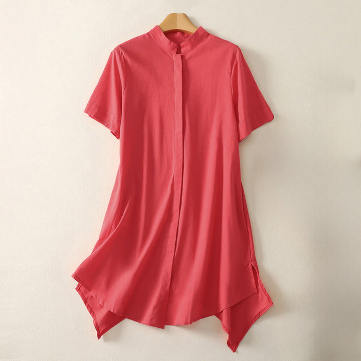 Buddha Stones 夏 スタンドカラー 半袖 無地 レディース ボタン コットン シャツ ポケット付き - 赤 - US8-10，UK/AU12-14，EU40-42 (2XL) - image 5