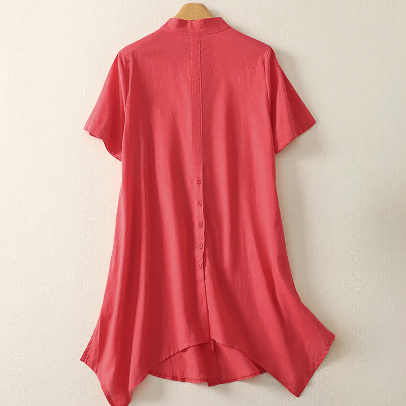 Buddha Stones 夏 スタンドカラー 半袖 無地 レディース ボタン コットン シャツ ポケット付き - image 6