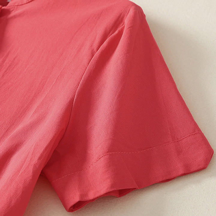 Buddha Stones 夏 スタンドカラー 半袖 無地 レディース ボタン コットン シャツ ポケット付き - image 9