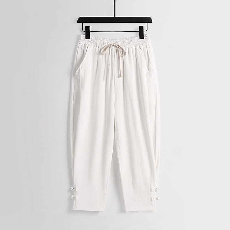 Buddha Stones 夏用ドローストリング 伸縮性ウエスト フロッグボタン アンクル丈 メンズ コットンリネン パンツ ポケット付き - 白 - US/UK/AU54、 EU64 (9XL) - image 13