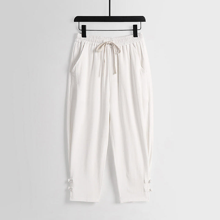 Buddha Stones 夏用ドローストリング 伸縮性ウエスト フロッグボタン アンクル丈 メンズ コットンリネン パンツ ポケット付き - 白 - US/UK/AU54、 EU64 (9XL) - image 13