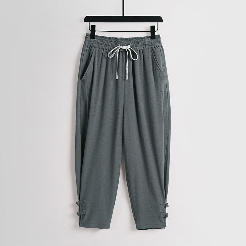 Buddha Stones 夏用ドローストリング 伸縮性ウエスト フロッグボタン アンクル丈 メンズ コットンリネン パンツ ポケット付き - キャデットブルー - US/UK/AU54、 EU64 (9XL) - image 0