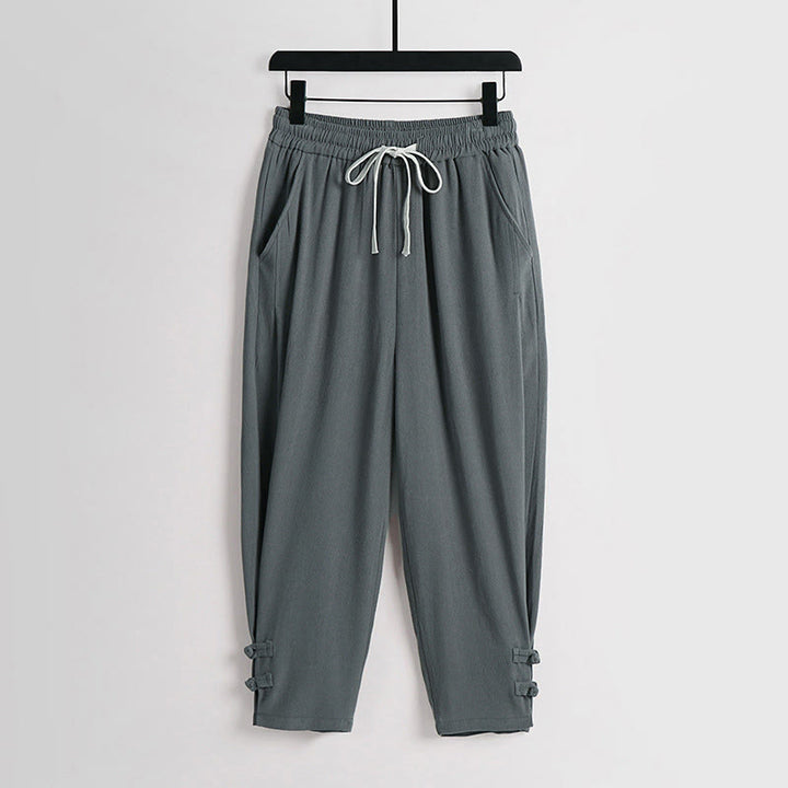 Buddha Stones 夏用ドローストリング 伸縮性ウエスト フロッグボタン アンクル丈 メンズ コットンリネン パンツ ポケット付き - カデットブルー - US/UK/AU54、 EU64 (9XL) - image 0