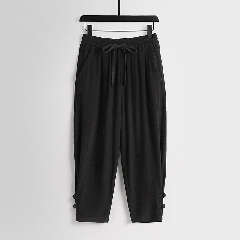 Buddha Stones 夏用ドローストリング 伸縮性ウエスト フロッグボタン アンクル丈 メンズ コットンリネン パンツ ポケット付き - 黒 - US/UK/AU54、 EU64 (9XL) - image 10