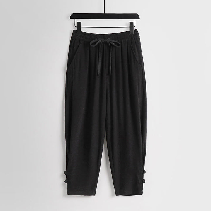 Buddha Stones 夏用ドローストリング 伸縮性ウエスト フロッグボタン アンクル丈 メンズ コットンリネン パンツ ポケット付き - 黒 - US/UK/AU54、 EU64 (9XL) - image 10