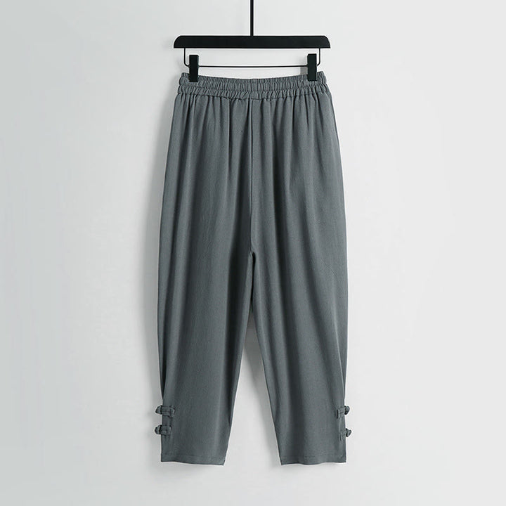 Buddha Stones 夏用ドローストリング 伸縮性ウエスト フロッグボタン アンクル丈 メンズ コットンリネン パンツ ポケット付き - image 1