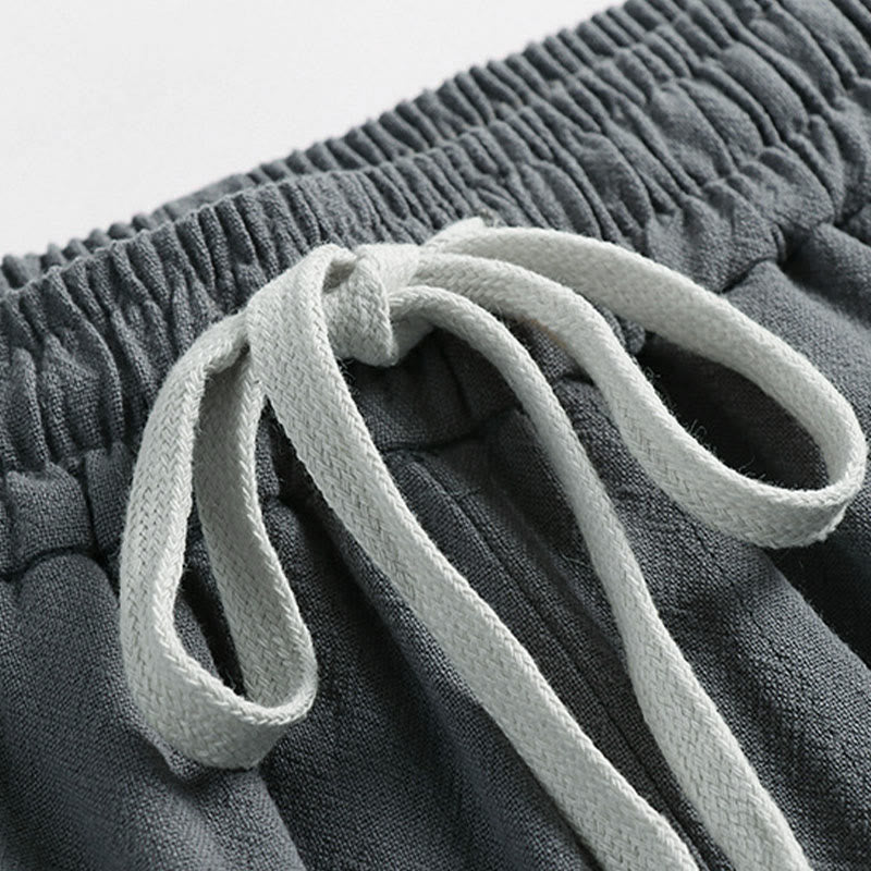 Buddha Stones 夏用ドローストリング 伸縮性ウエスト フロッグボタン アンクル丈 メンズ コットンリネン パンツ ポケット付き - image 3