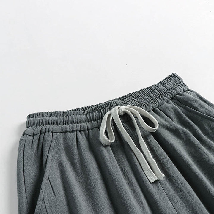 Buddha Stones 夏用ドローストリング 伸縮性ウエスト フロッグボタン アンクル丈 メンズ コットンリネン パンツ ポケット付き - image 2