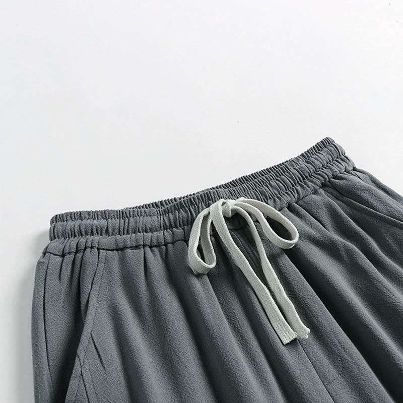 Buddha Stones 夏用ドローストリング 伸縮性ウエスト フロッグボタン アンクル丈 メンズ コットンリネン パンツ ポケット付き - image 2