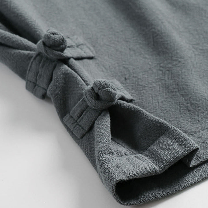 Buddha Stones 夏用ドローストリング 伸縮性ウエスト フロッグボタン アンクル丈 メンズ コットンリネン パンツ ポケット付き - image 7